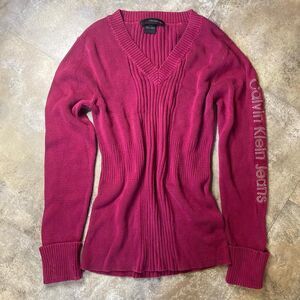 vintage y2k women’s calvin klein long sleeve pink v neck sweater size large